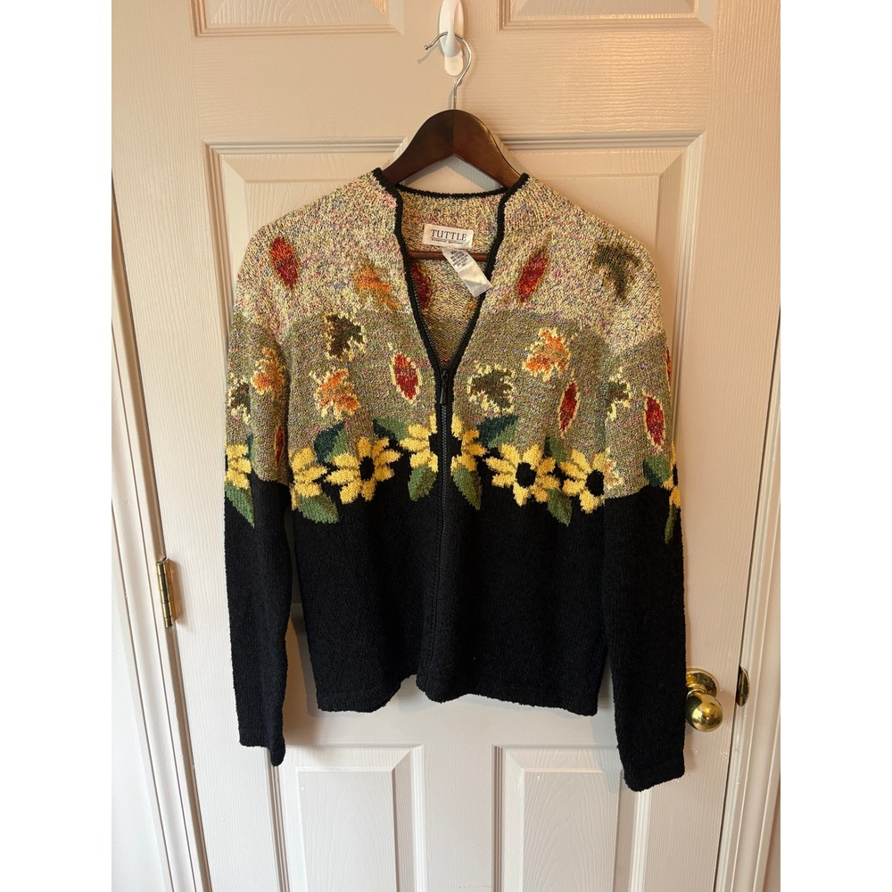 Tuttle Zip Cardigan Womens XL Black Floral Sunflower Leaf Intarsia Knit Sweater